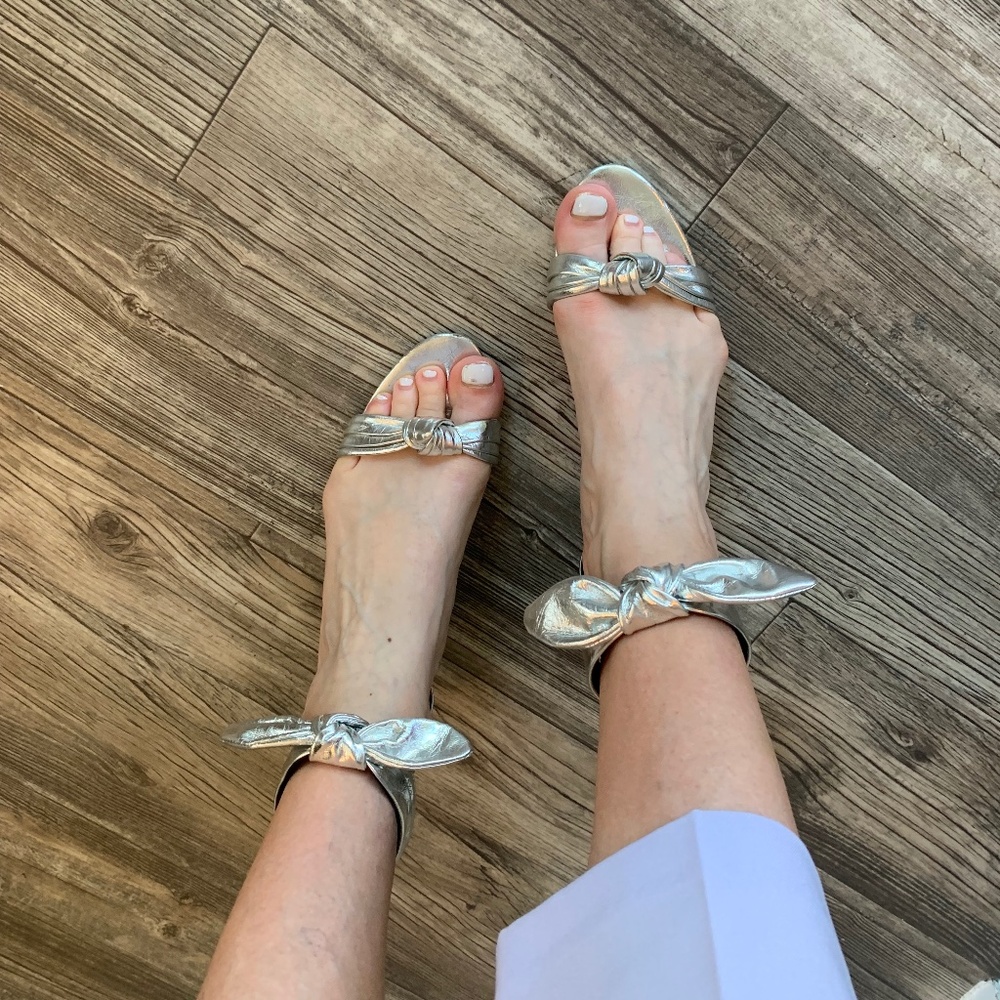 Rebecca Minkoff Women's Silver Leather Kitten Heel Sandal with Bow